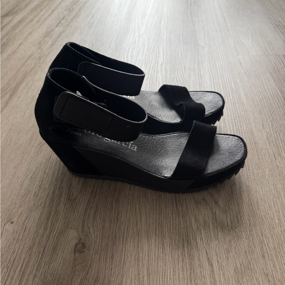 Pedro Garcia Black Suede Wedge Espadrille Sandals with Ankle Strap